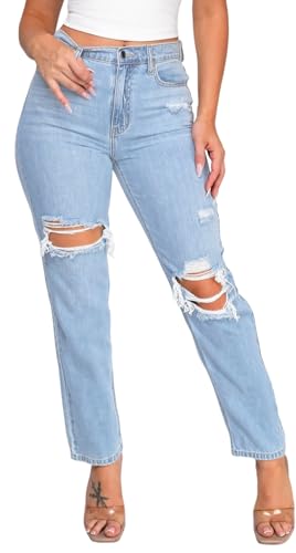ZonJie Jeans for Women High Waist Wide Leg Distressed Raw Hem Destroyed Straight Leg Stretchy Denim Pants