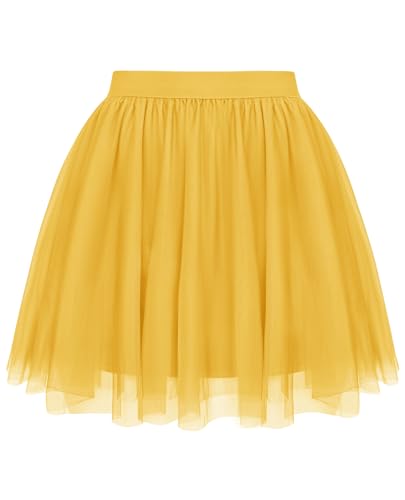 Lovasy Tüllrock Damen Kurz Schwarz Rock 2 Lagen Tüll Elastische Taille Sommerrock Party Prom Rock Gelb S-M