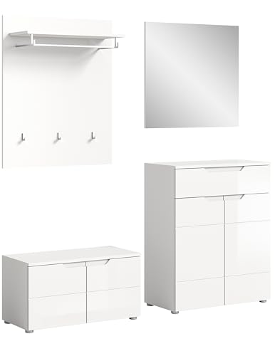 xonox.home Garderobe Solero 4tlg. Set Garderobenkombination Garderobenschrank Garderobenmöbel Flurmöbel-Set Flursystem Stauraumlösung in Front weiß Hochglanz Tiefzieh Korpus weiß