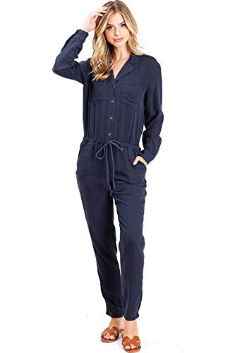 Sneak Peek Jeans Women's Juniors Tapered Leg Coverall Jumpsuit (L, Navy Blue)
