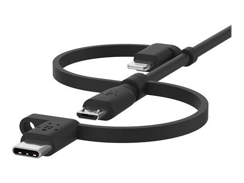 Belkin BoostCharge 3-in-1 USB-A to USB-C, Lightning, Micro-USB Charging Cable (1M/3.3ft) for iPhone 16, iPhone 16 Pro, iPad, Galaxy S25, S24, Pixel, Nintendo Switch 2 & More - Black