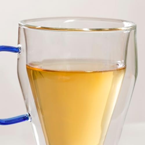 Image of Nestasia Double Wall Borosilicate Glass Mugs Set of 2 (250ml Each) - Microwave & Dishwasher Safe Transparent Glass Tea Cups with Blue Handles | Food Safe & Durable Coffee Mugs - Ideal for Gifting