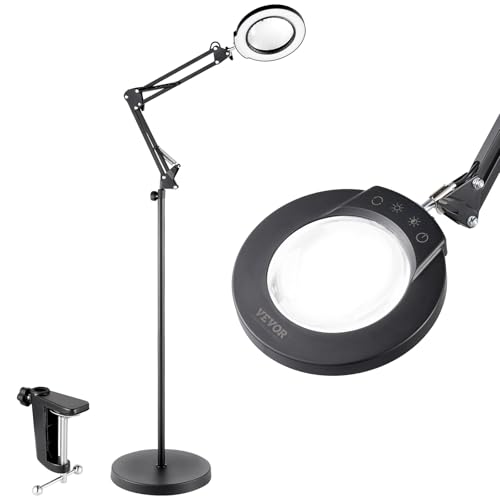 VEVOR 3 en 1 Lámpara de Aumento Fluorescente 5X de Pie, Lupa de Pie con Luz de 5 Modos de Color Lupa de Pie Ajustable en Altura con Luz, Brazo Flexible, Regulación Continua para Lectura y Manualidad