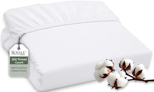 ROYALE LINENS 300 Thread Count 100% Long Staple Combed Cotton Fitted Sheet Queen - Super Soft Deep Pocket Bottom Sheet - Fitted Sheets Only - Elastic Sheets (Queen, White)