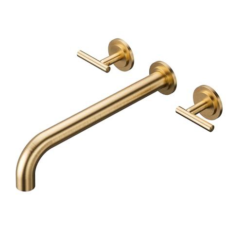 WOWOW Wall Mount Tub Filler: Gold Tub Faucet High Flow Two Handles Solid Brass, Long Spout Reach,Tub Faucet Bathroom Bathtub Faucets with 2 Handles Tub Faucets with Brass Rough in Valve Included
