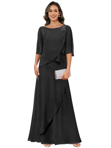 Floor Length Mother of The Bride Dresses Chiffon 3/4 Sleeve A-line Grandmother Dress for Wedding