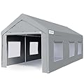 Quictent 10x20 ft Heavy Duty Carport with Roll-up Ventilated Window, Anti-Snow Garage Canopy for RV/Boat/Truck Shelter with 4 Reinforced Steel Cables-Gray