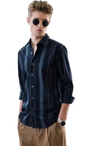 Image of SNITCH Men's Casual Luxe Shirt | Slim Fit Full Sleeve Classic Collar Striped Design | Premium Cotton Blend & Breathable Fabric for Everyday & Semi-Formal Wear