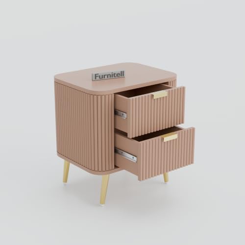 Image of Premium HDMR Wood Bedside Table with 1 Drawer & Open Storage Shelf, Fluted Nightstand with Golden Legs for Bedroom, Modern End Table, for Living Room | Taupe Finish, Set of 2