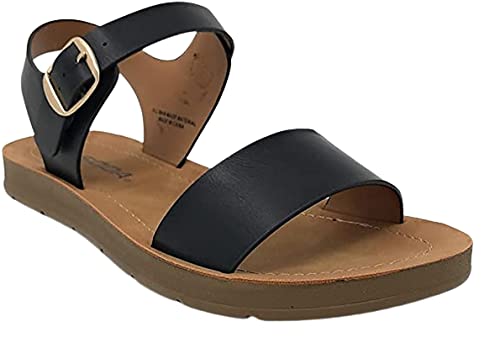 Soda KIDS/CHILDREN/GIRLS Casual Open Toe Single Band Fashion Slide Flat Sandal with Adjustable Ankle Strap PLENTY-11S Black Pu 13