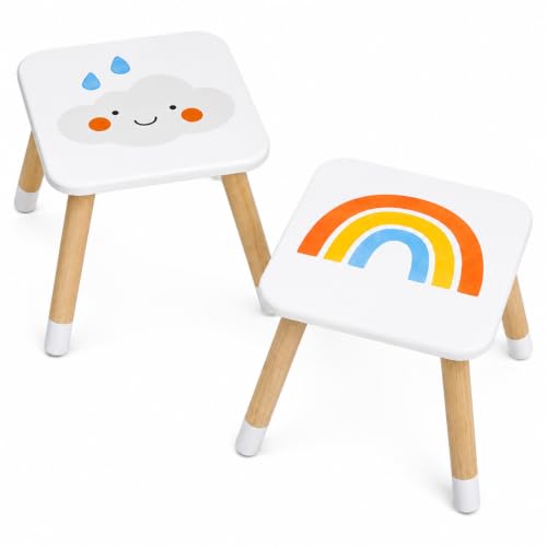 Little Acorn, Wooden Toddler Stools | Set of 2 | Activity Center Compatible | Kids Chairs for Play &amp; Sensory Table | 10in Tall | Easy Assembly | Cloud &amp; Rainbow