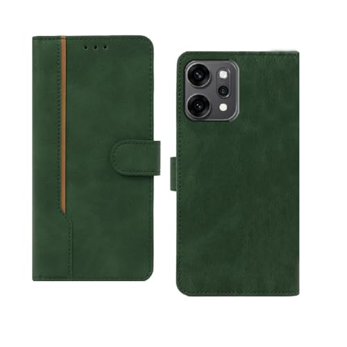 Image of amazon basics Oppo Reno 14 5G Flip Cover | Card Pockets Wallet & Stand | Flip Cover for Oppo Reno 14 5G (Green with Beige Strip)