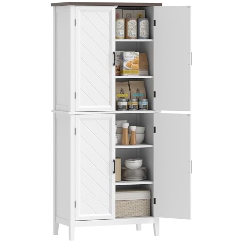 HOMCOM Buffet Haut Cuisine 6 Niveaux, Armoire de Cuisine, vaisselier, 4 Portes à Chevrons et 4 étagères réglables, Style Rustique, Meuble de Rangement pour...