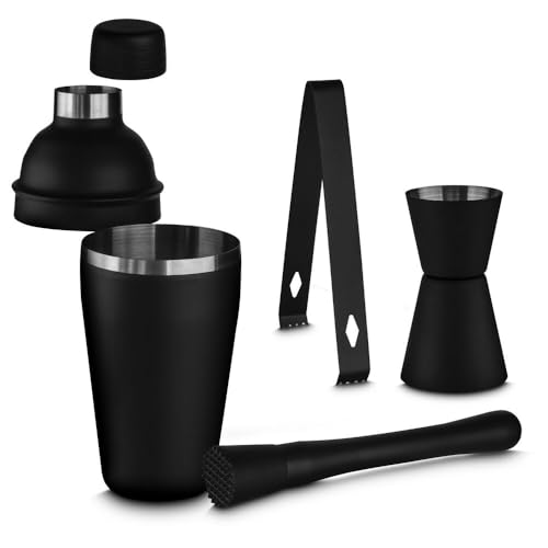 Kit Coqueteleira Aço Inox Preta com Socador Dosador e Pinça 500ml - presente bartender drinks coquet
