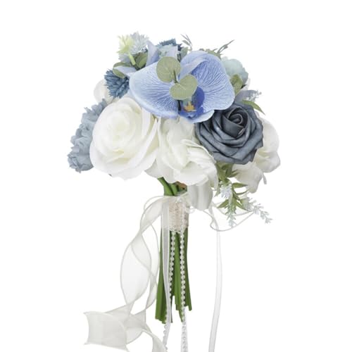 Wedding Bouquet Bride Flower Bridal Bouquets, Ribbon Artificial Flower Dusty Blue Rose White Flower Wedding Bouquets for Bride Bridesmaid Bouquet Faux Bouquet Bride Bridesmaid Holding Flower