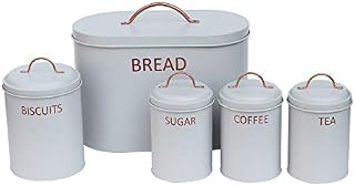 5PC Square Kitchen Storage Set: Bread Bin, Biscuit Tin and Tea, Coffee & Sugar Canister Set - Light Matt Grey - Vintage Classic Inspired Metal Storage Set.