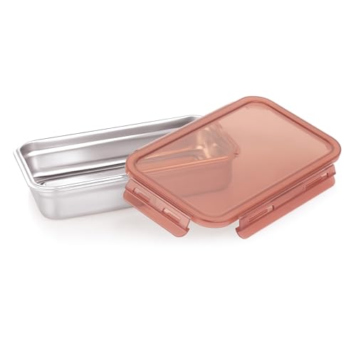 Image of Attro Steelox Rectangle Stainless Steel Container with Plastic Seal Lid BPA Free Food Grade Leak-Proof Ideal for School, Office & Outdoor Lunch Pack - 560ml Brown