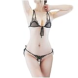Sexy Lingerie 2 Piece Set for Women Perspective Water-soluble Lace Strap Three-point Underwear Sexy Thong and Bra Suit Black