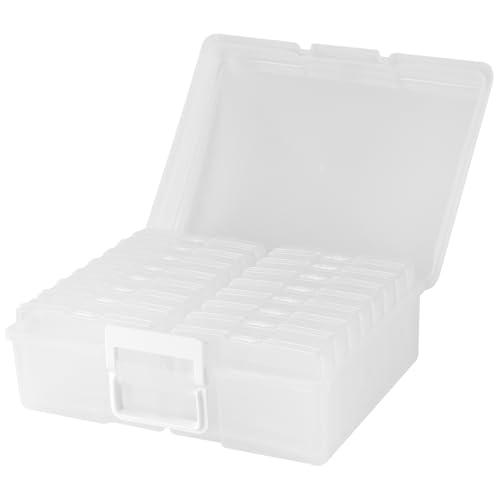 JIEHIN Caja de almacenamiento de fotos de 38 x 30 x 13 cm, caja organizadora de fotos con 16 soportes interiores para fotos, caja transparente de plástico para tarjetas, manualidades