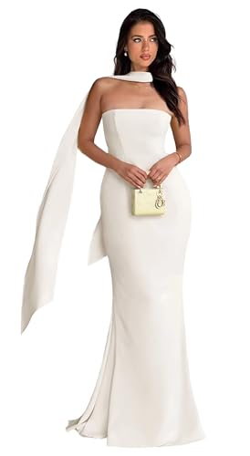 Women's Strapless Formal Prom Dress with Scarves Mermaid Bridesmaid Dresses Satin Evening Party Gown MJ65
