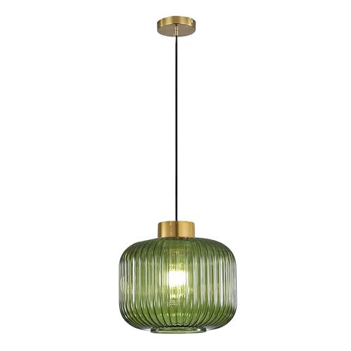 Hnexsei Lampadario Moderno in Vetro Rigato con Finitura Dorata e Cavo Nero, Eleganti Lampade a Sospensione per Sala da Pranzo, Camera da Letto o Cucina (Verde, 24cm)