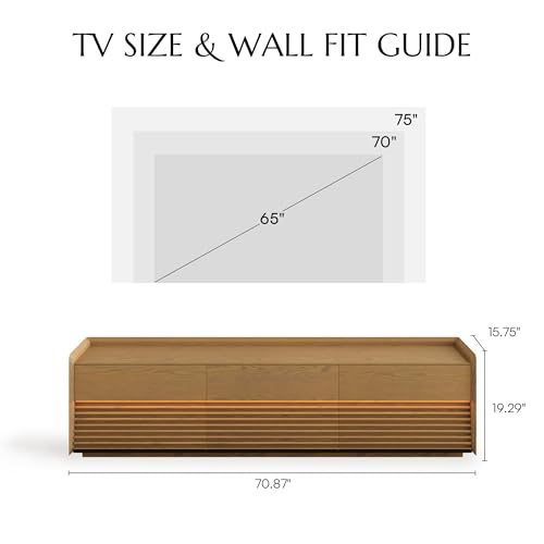 Image of POVISON 71 inch Fully Assembled Mid Century Modern TV Stand with LED Lights, Media Console with 6 Drawers, Wood Slatted Entertainment Center, No Assembly Required, Fits 65-75 Inch TV