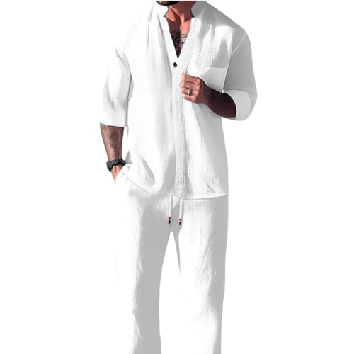 Summer Men's Trendy Cotton Linen Top & Pants Two-Piece Set Muslim Men Clothing Outfits Mens Suit Casual Loungewear Sets