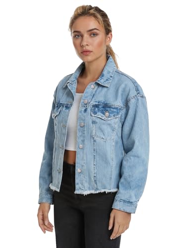YUZIBAO Denim Jacket for Women - Shacket with Button Front, Oversized Fit, Long Sleeves, Pockets & Frayed Hem4