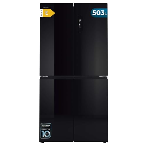 Cecotec Frigorífico 4 Puertas Cristal Negro Total No Frost Bolero CoolMarket 4D 503 Black Glass E, 503 Litros, Alto 177,5 cm y 85,3 cm Ancho, MetalFlexCooling, Compresor Inverter