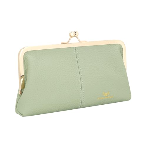 Image of Royal Bagger RFID Kiss Lock Wallet, Solid Color Multi-card Slots Card Holder, Genuine Cow Leather Clutch Purses for Women 1468 (Fresh Green)