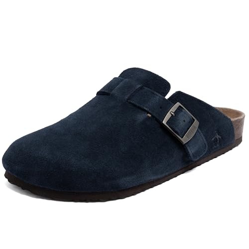 Original Penguin Tamancos masculinos de camurça de couro com alça de fivela ajustável e palmilha de cortiça confortável, Azul marino, 42
