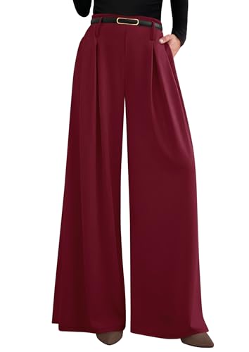 PRETTYGARDEN Womens Spring Trendy Wide Leg Trousers 2026 High Elastic Waisted Extra Long Flowy Loose Pleated Palazzo Work Pants (Wine Red,X-Large-Long)
