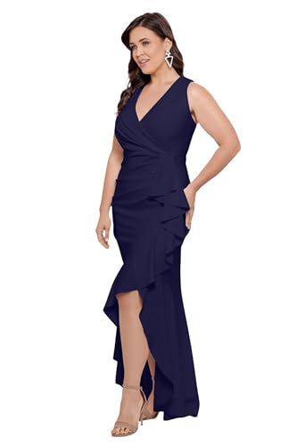 Image of Betsy & Adam Women's V-Neck Hi Low Sleeveless Floor Length Cascade Dress with Draped Ruffle