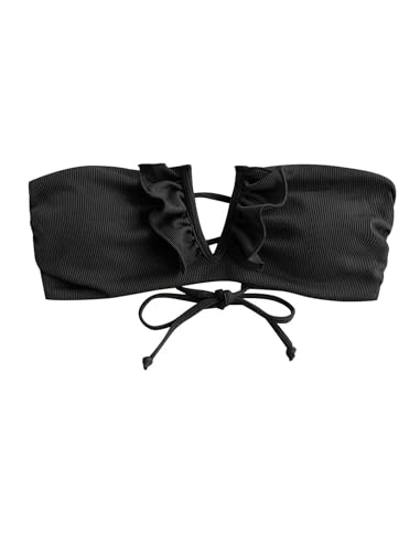 ZAFUL Women's Strapless Bandeau Bikini Top Ribbed V Wired Lace Up Ruffle Tie Swimsuits Bathing Suits Only Top