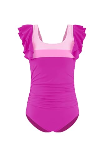 KIDOOPIX One Piece Swimsuit Girls Fashion Color Block Ruffle Sleeve Square Neck One Piece Bikini Girls Bathing Suits Size 14-16