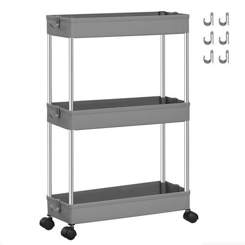SONGMICS Carrello Portaoggetti a 3 Livelli, Carrello con Ruote, Carrellino da Cucina Bagno Ufficio, 14,4 x 42 x 60,6 cm, Grigio Tortora KSC007G01