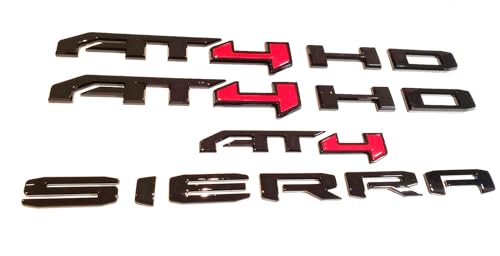 Image of 6Pcs Kits AT4 HD Emblem Sierra Door Rear Badge Replacement for 2019-2022 Sierra 1500 2500HD 3500HD (Glossy Black Red)