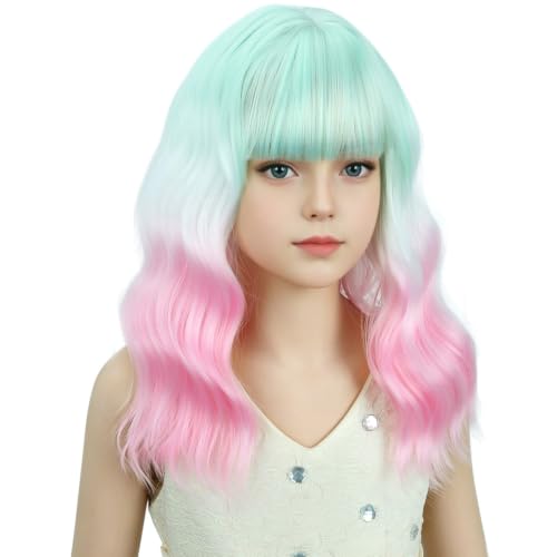 Image of Colorful Wig for Women Green White Pink Ombre Wig with Bangs Adult Short Wavy Curly Wigs Synthetic Cosplay Hair Wigs