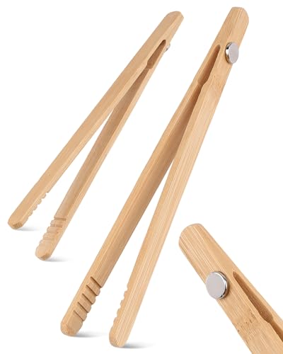 Acual 2 PCS Magnetic Bamboo Toast Tongs for Toasters 18cm Wooden Toaster Tongs with Anti-Slip Grip Heat Resistant Bread Tongs for Toaster BBQ Cooking & Serving Food