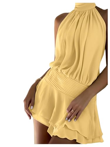 Image of Floerns Women's Summer Mini Dress Sleeveless Halter Backless Ruched Date Night Layered A Line Dresses