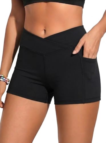 Women 3' High Waisted Swim Board Shorts V Cross Boy Shorts Swim Bathing Suit Bottoms Swimwear with Pockets Black M