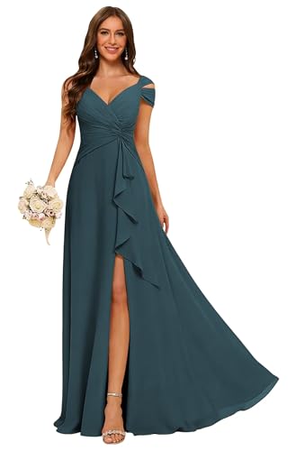 CuteMe Teal Bridesmaid Dresses with Pockets Off Shoulder Twist Corset Formal Evening Dress Empire Waist Pleated V Neck Maxi Party Dress 14