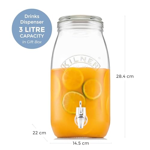 Image of Kilner Premium 3 L Airtight Clip Top Glass Drinks Dispenser with Tap for Beer, Detox Water, Juice, Cocktails, Beer, Water Pitcher | BPA Free, Transparent, Reusable