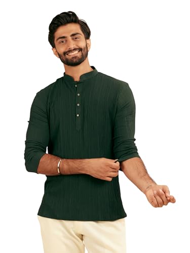 Kurta court en élasthanne texturé vert foncé taille L Manyavar pour homme