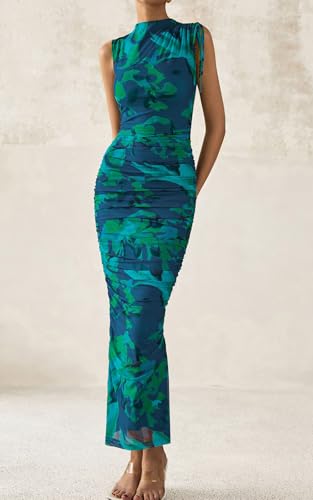 PRETTYGARDEN Women's Summer Maxi Floral Dresses Ruched Bodycon Sleeveless Mesh Formal Wedding Guest Cocktail Split Long Dress