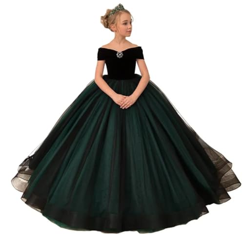 GZCYL Dark Green Girls Pageant Dresses Velvet and Tulle Flower Girls Dress for Wedding Off Shoulder