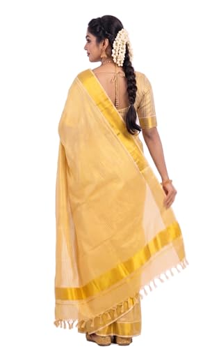 Image of Kerala Traditional Tissue Saree for Women with Running Blouse | South Indian Ethnic Saree for Weddings Onam Vishu Temple Wear & Festivals