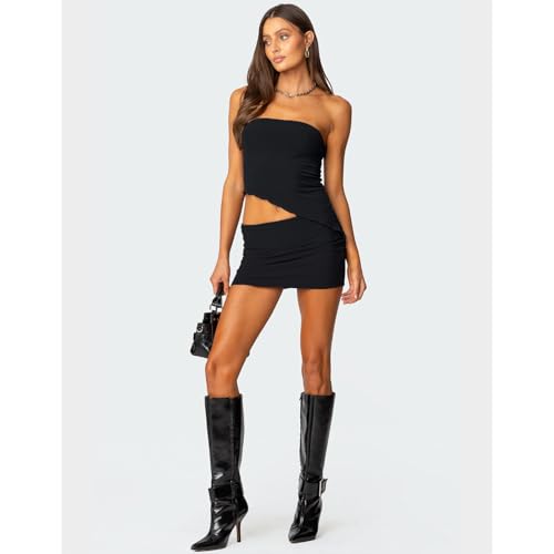 Image of Goafuliy Two Piece Skirt Set for Women Summer Asymmetrical Mesh Strapless Tube Tops Mini Skirt Set Going Out Outfits