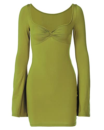 Plilima Women's Sexy Long Bell Sleeve Mini Dress Bodycon Ruched Sweatheart Neck Party Club Dresses L Green #TOP4