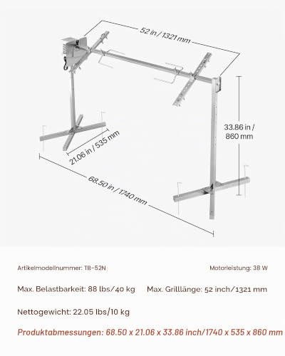VEVOR Spanferkelgrill Lammgrill Spießbratengrill 1321 mm Rotisserie-Grill AC 220-240 V, 8-stufiges elektrisches Rotisserie-Grill-Set mit 40 kg Tragkraft, 38 W Motor Grillset für Partys